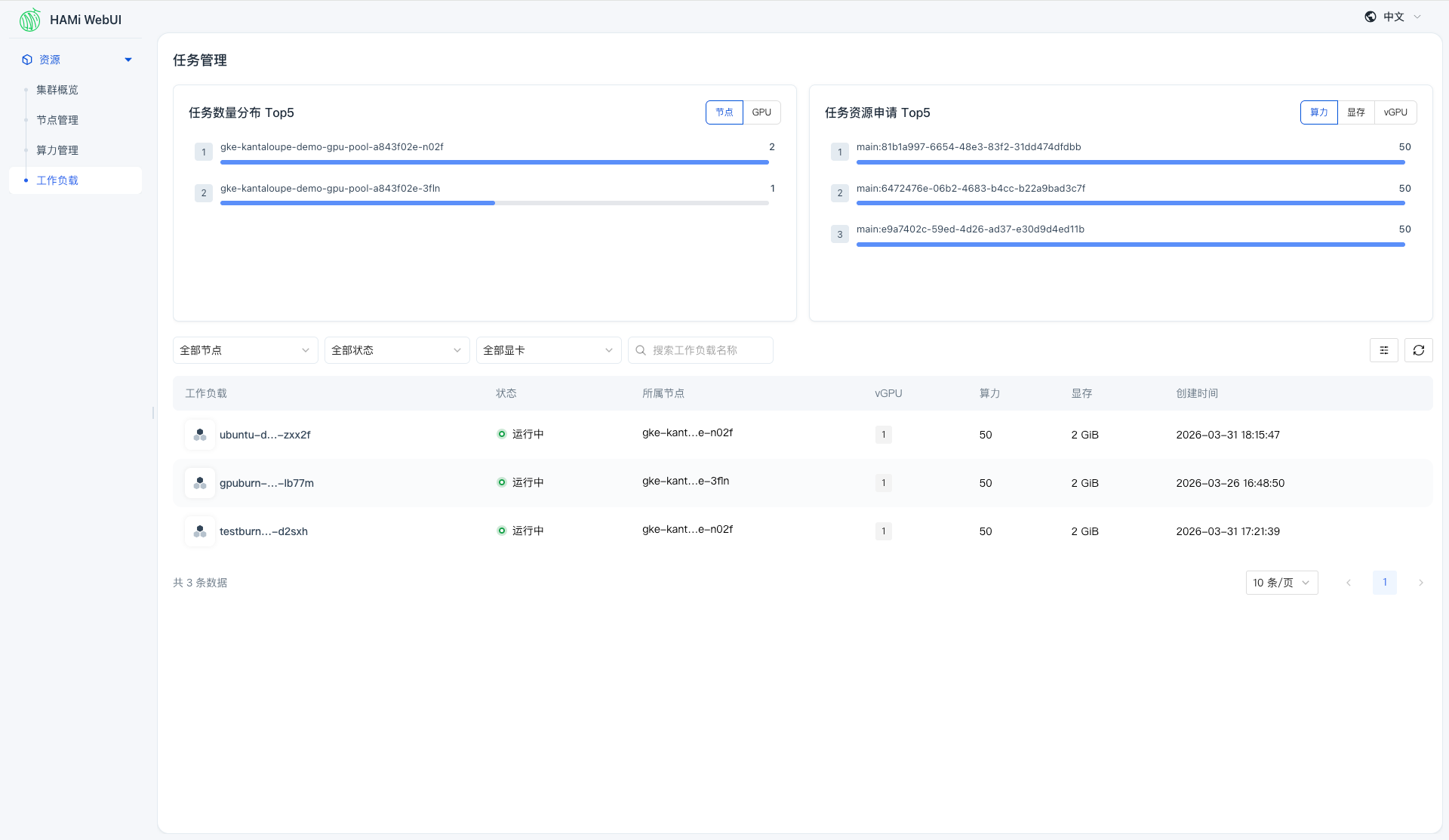HAMi WebUI 工作负载列表页